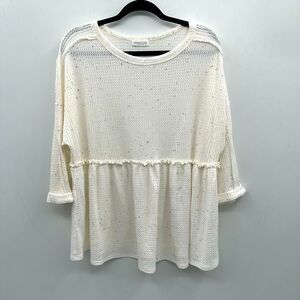 Chic soul cream speckled short sleeve plus dowse waffle stretch woman’s top. 3X